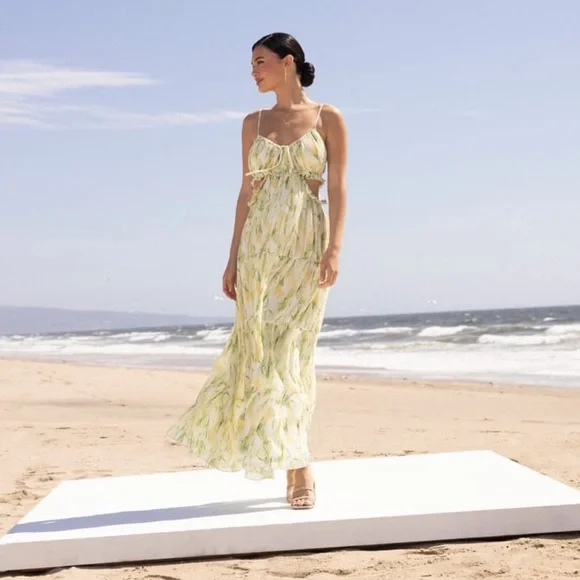Lulus Darling Moment Ivory Floral Tiered, Ruffled Cutout Maxi Dress